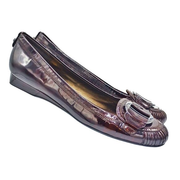 Stuart Weitzman Burgundy Patent Ballet Flats | Silver Buckle | Fall Office Chic - Picture 2 of 14